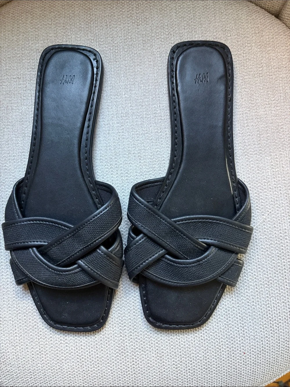 H&M Black Braided Square-Toe Slide Sandals